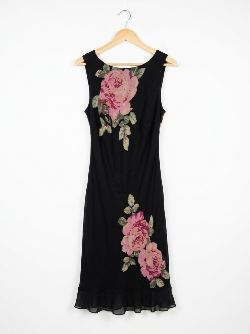 Robbie Bee Black Dress with Pink Rose Appliqués